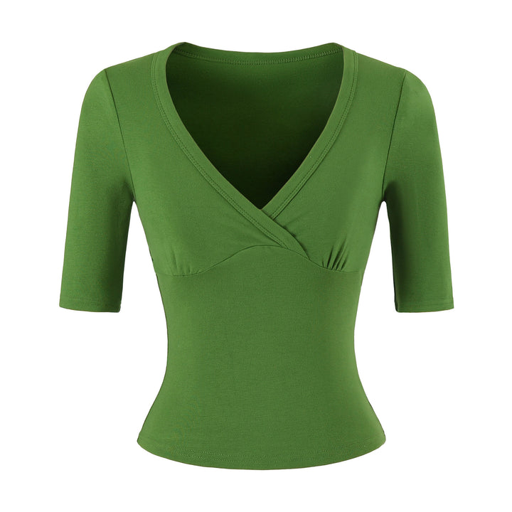 Women's body-hugging wrap shirt with deep V-neck, three-quarter sleeves, and waist accentuation Amarae