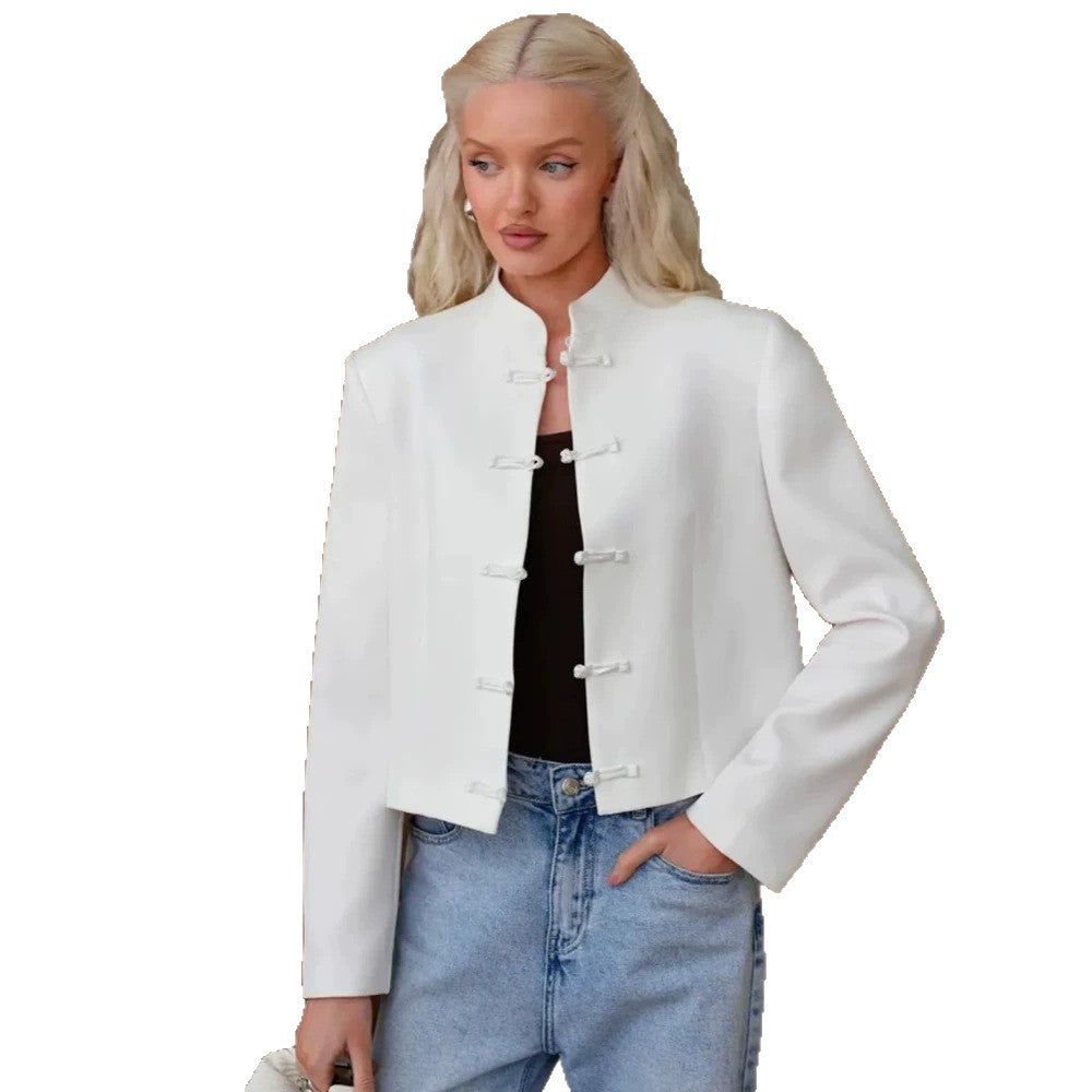 Women's Short Blazer with Mandarin Collar and Decorative Knot Closures Amarae