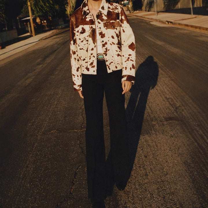 Sheepskin fashion jacket for women with striking animal pattern Lune London