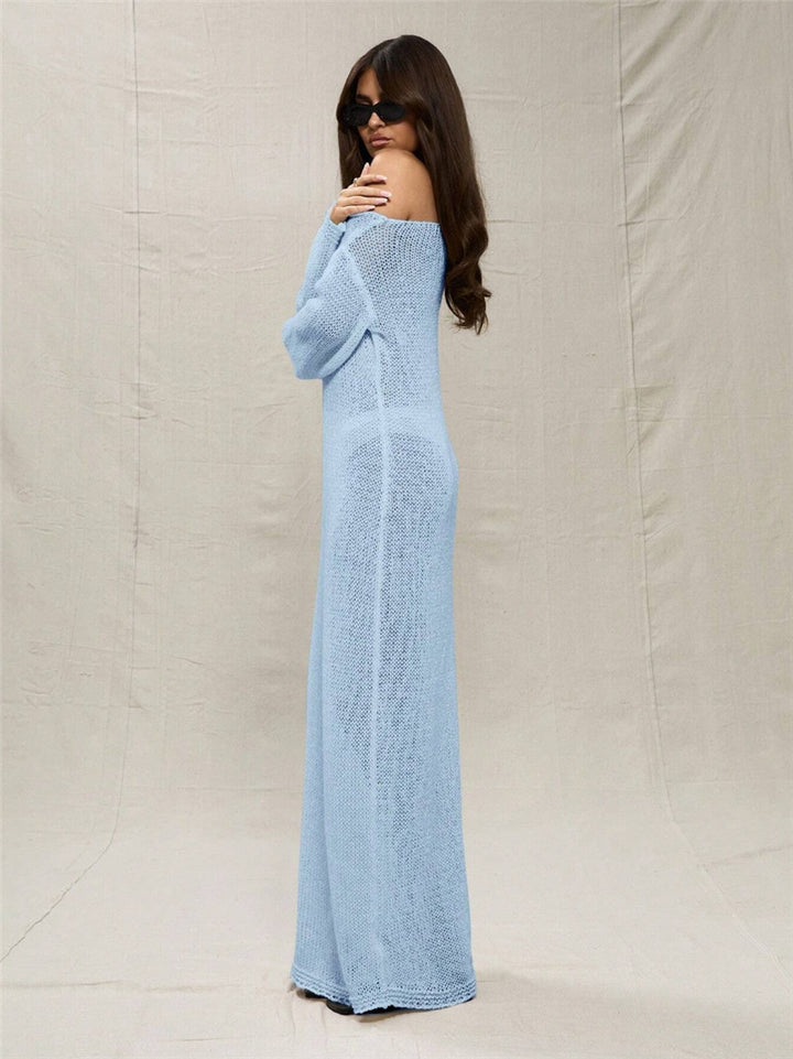 Maxi dress for women in lightweight crochet with off-shoulder design Lune London