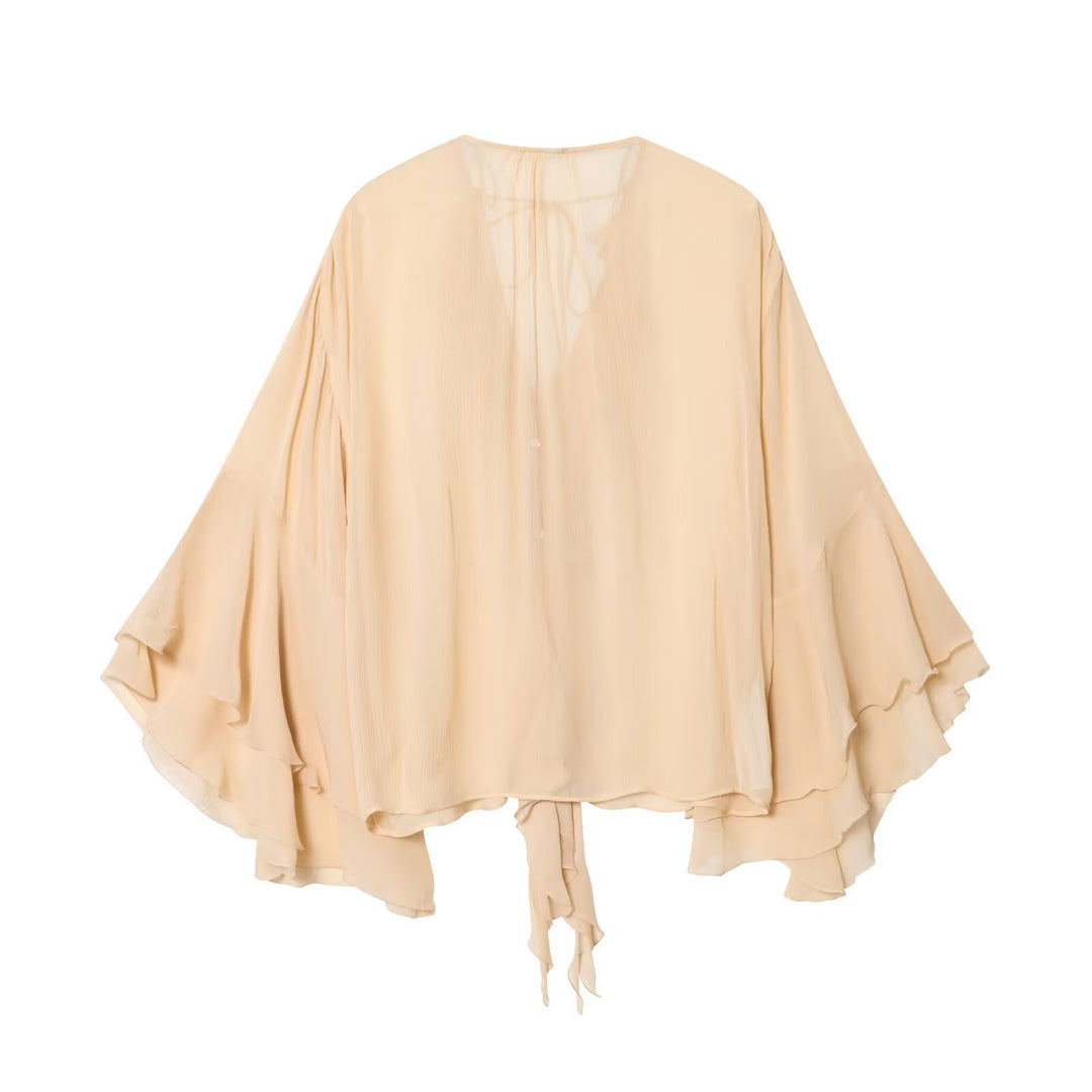 Women's Flowing Chiffon Ruffle Tunic with Flounce Sleeves and Tie Band