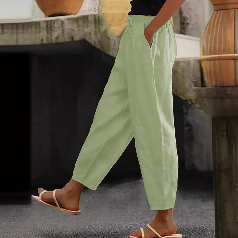Women's Linen Blend Cropped Pants with Elastic Waistband, Drawstring and Side Pockets Amarae