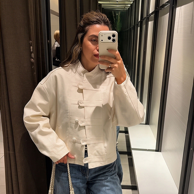Women's Short Boxy Jacket with Mandarin Collar and Decorative Knot Button Placket Amarae