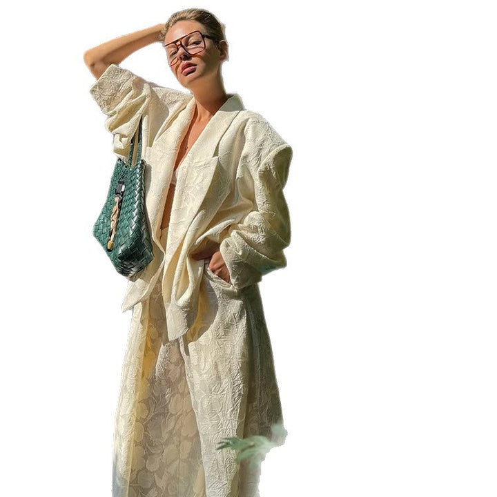 Women Two-Piece Jacquard Pants Set with Oversized Boxy Blazer and High-Cut Palazzo Pants Amarae