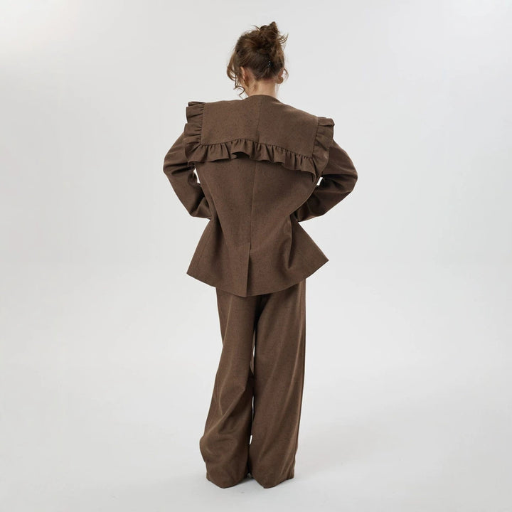 Women Two-Piece Oversized Blazer and Pants Set with Ruffled Shoulder and High Pleat Amarae