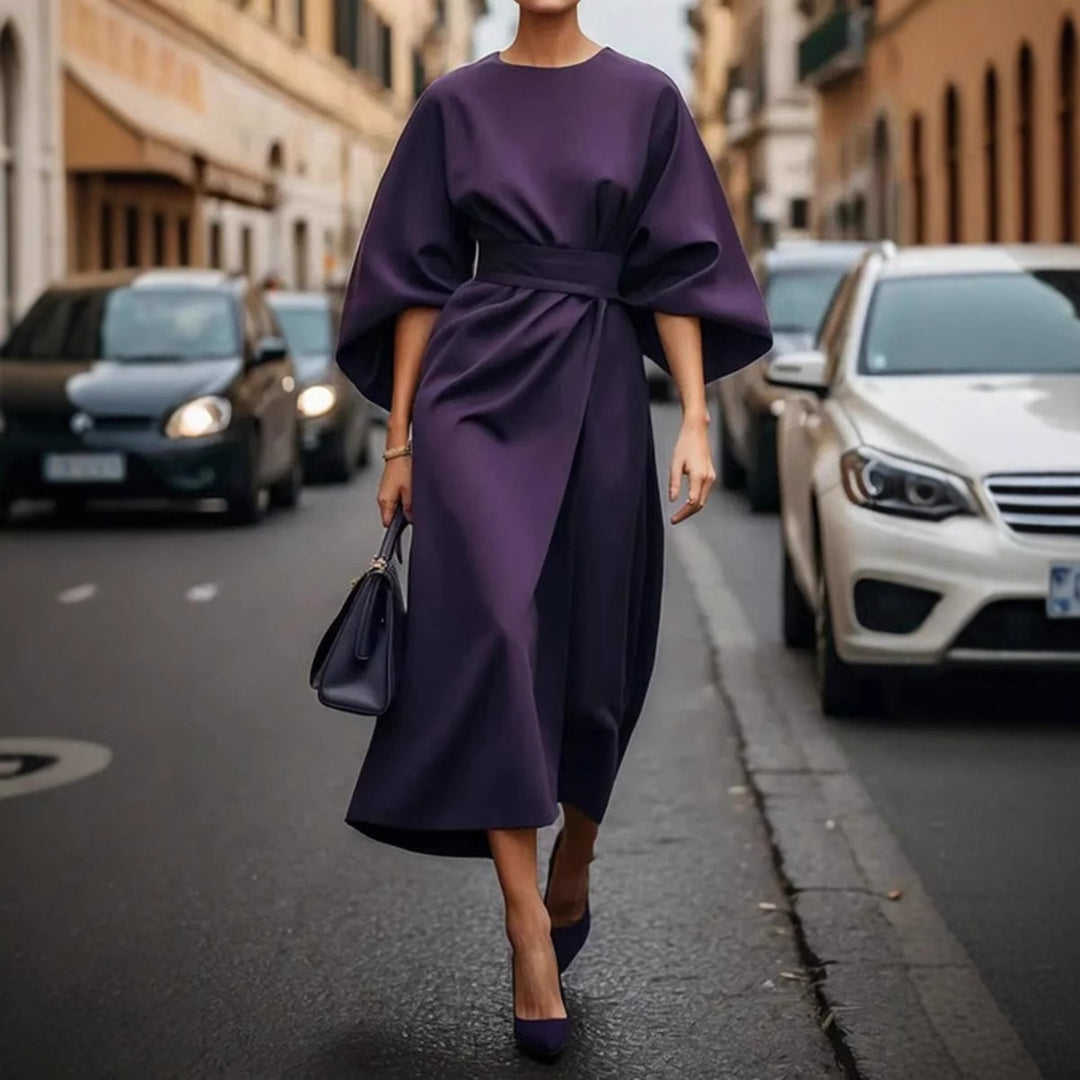 Fluid maxi dress for women with elegant sleeves and a belt at the waist Lune London