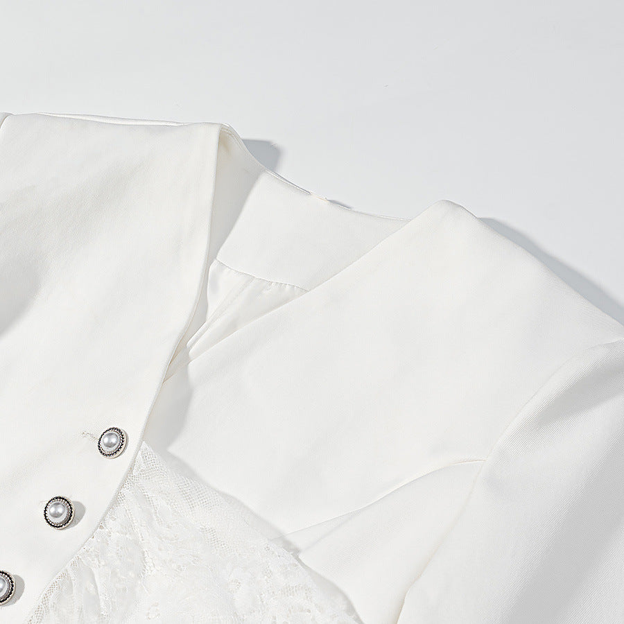 Women's tailored blazer jacket with delicate lace trim and flared sleeves Amarae
