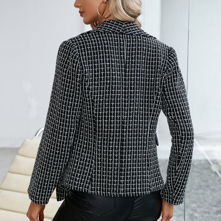 Lune London women's double-breasted blazer with plaid pattern and feminine silhouette