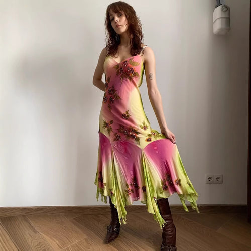Asymmetrical summer dress for women with a floral design and delicate spaghetti straps Amarae