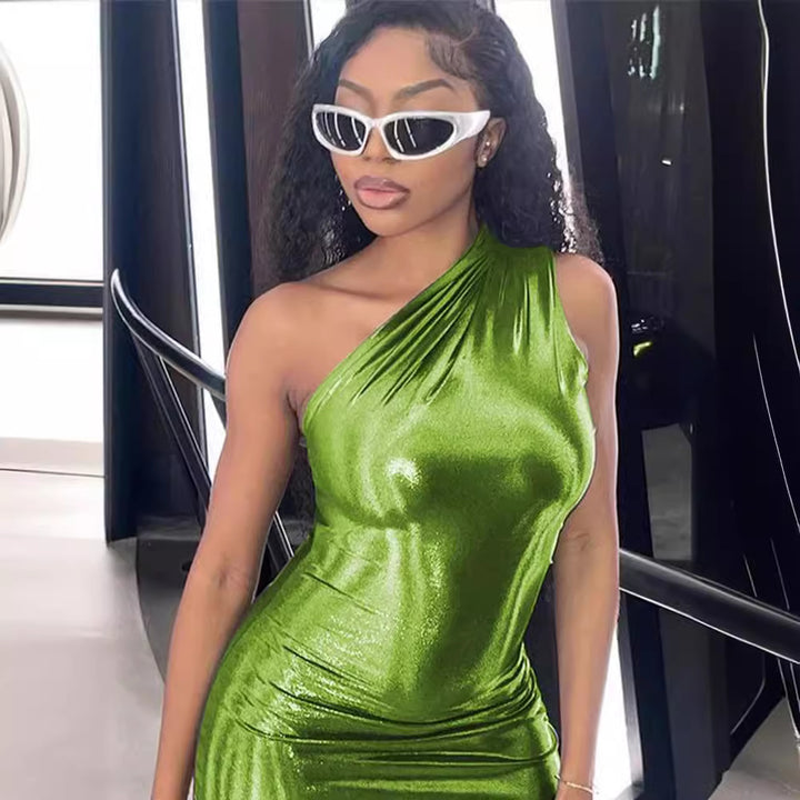 Metallic Bodycon Dress with One Shoulder Women Lune London