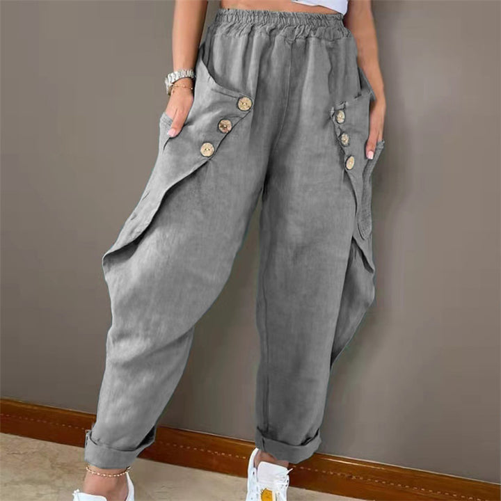 Women Casual Chino Pants with Button-Adorned Pockets Lune London