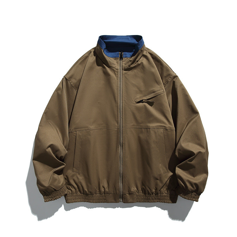 Unisex Boxy transitional jacket made of technical cotton blend with stand-up collar, front zipper, and concealed chest flap Amarae