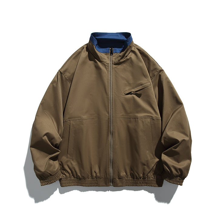 Unisex Boxy transitional jacket made of technical cotton blend with stand-up collar, front zipper, and concealed chest flap Amarae