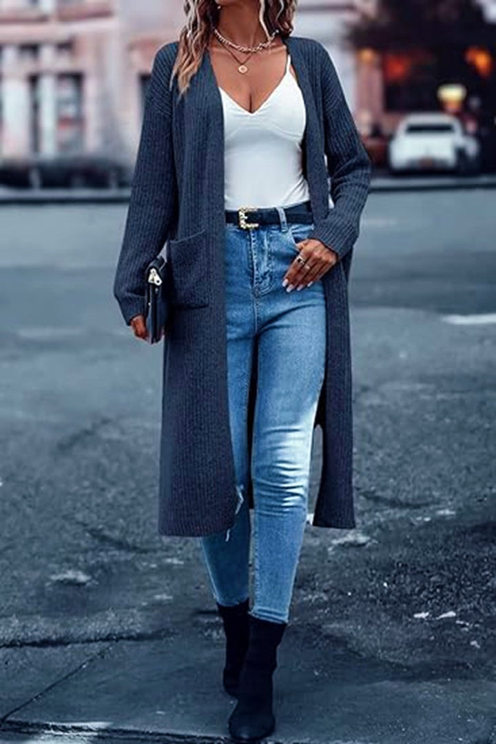 Long knit coat for women with structured design and practical pockets Lune London