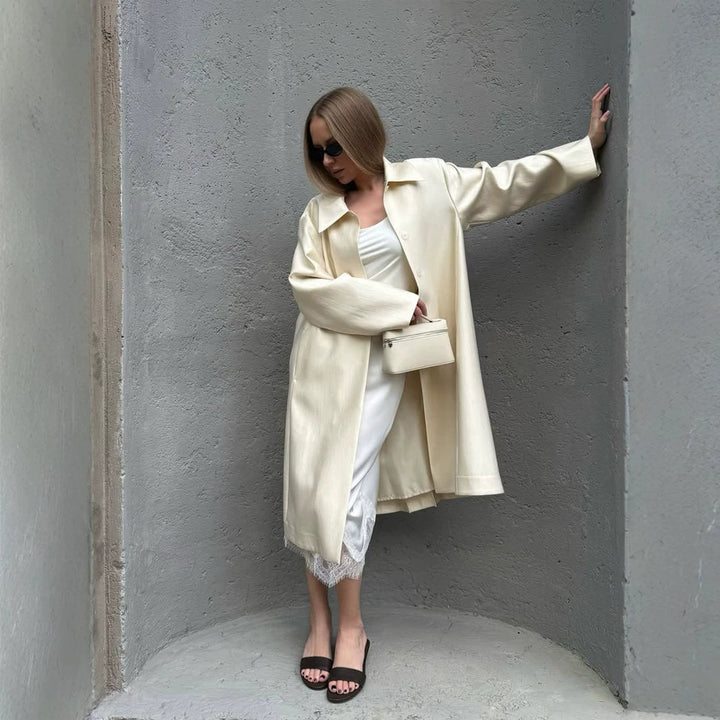 Women Lightweight Satin-Effect Long Coat with Boxy Oversize Silhouette Amarae