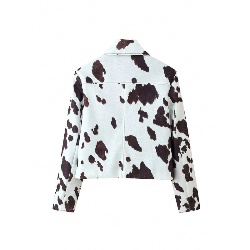 Faux leather jacket for women with a modern cow spot pattern Lune London