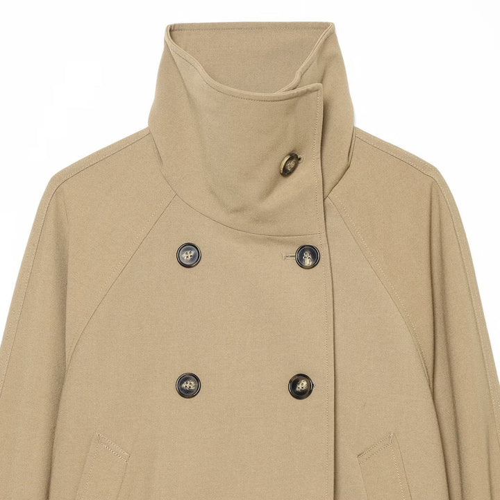 Women Cropped Trench Coat with High Funnel Collar, Raglan Sleeves and Drawstring Waistband Amarae