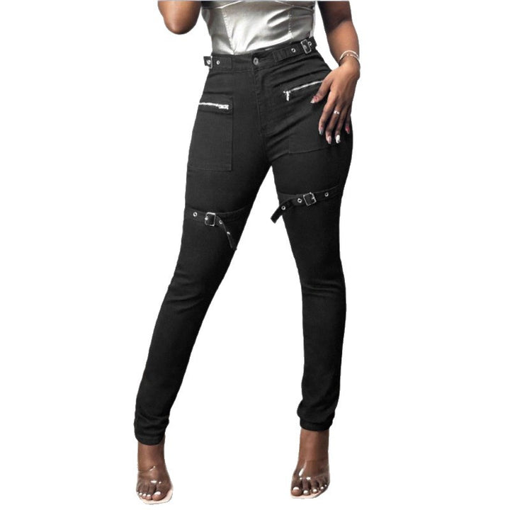 Women High-Waist Skinny Jeans with decorative zippers, patch pockets and belt decor Amarae