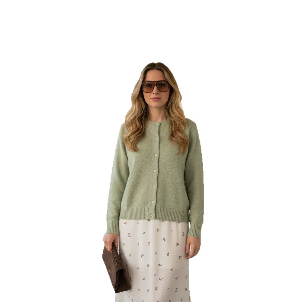 Women's fine-knit cardigan with round neck, continuous button placket & ribbed cuffs Amarae