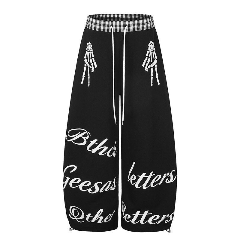 Women's Extra Wide Palazzo Sweatpants with Check Comfort Waistband, Drawstring, and Skeleton Print Amarae