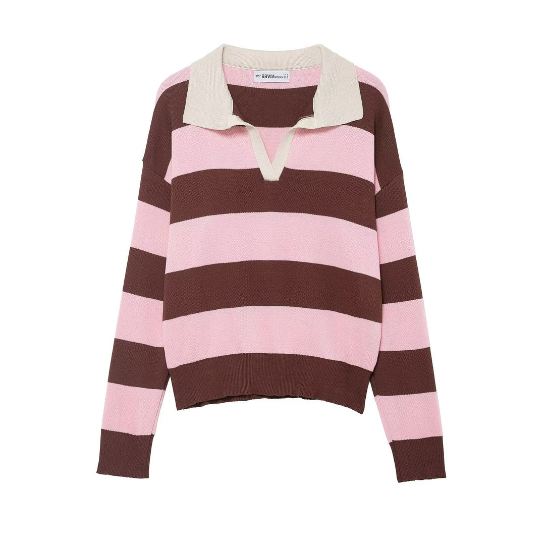 Women's Oversize Striped Rugby Sweater with Open Polo Collar and V-Neck Amarae