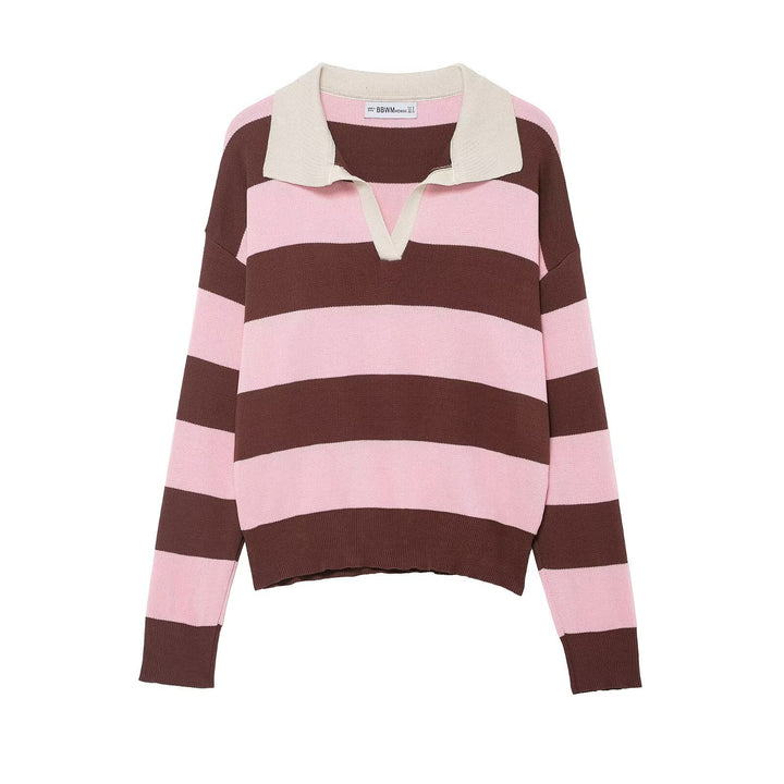 Women's Oversize Striped Rugby Sweater with Open Polo Collar and V-Neck Amarae