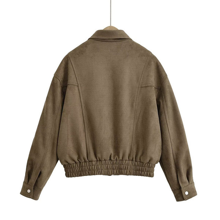 Trendy suede jacket for women with elastic waist and zippered pockets on the sides Lune London