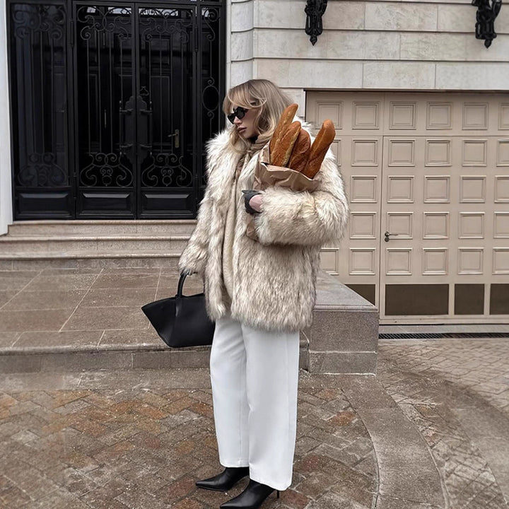 Women short coat made of faux fur with waist belt and voluminous shawl collar Amarae