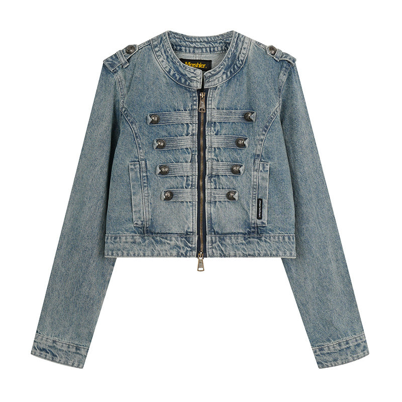 Women's Cropped Denim Jacket in Military Style with Decorative Button Strips Amarae
