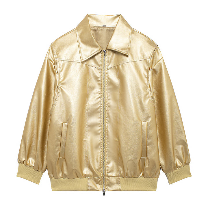 Ladies Trendy Faux Leather Jacket with Elastic Cuffs and Practical Pockets Lune London