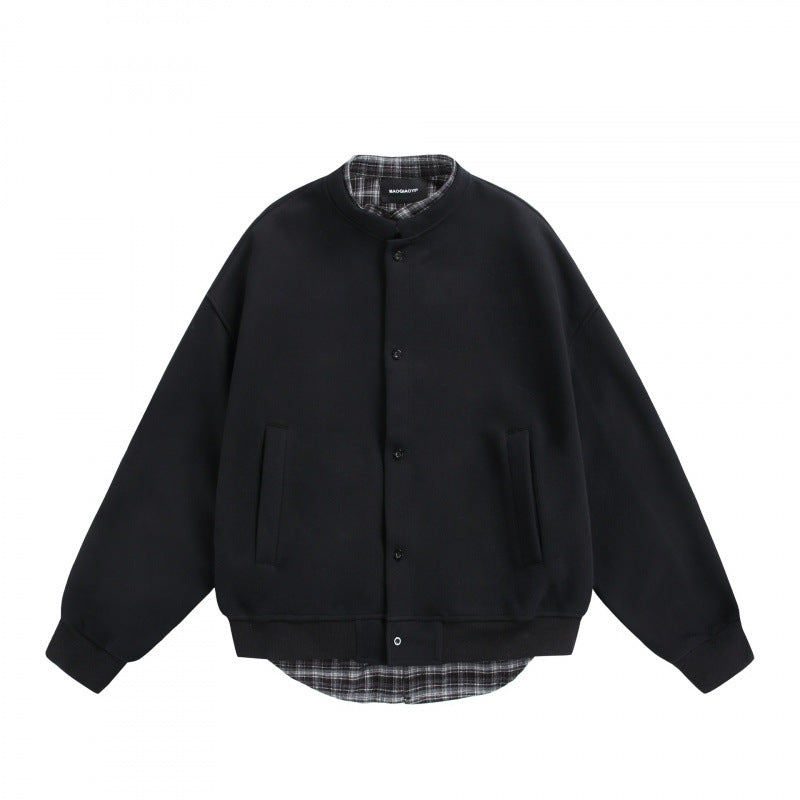 Men's Oversized College-Style Sweat Jacket with Concealed Snap Button Placket and Checked Lining Amarae