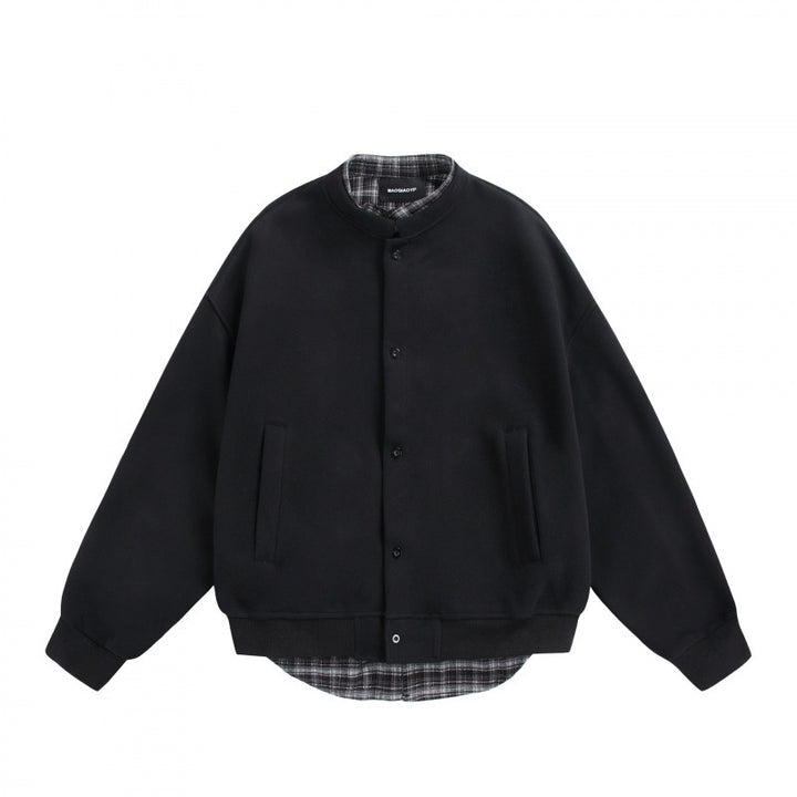 Men's Oversized College-Style Sweat Jacket with Concealed Snap Button Placket and Checked Lining Amarae