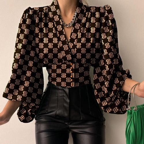 Ladies Elegant blouse with geometric pattern and voluminous sleeves Amarae