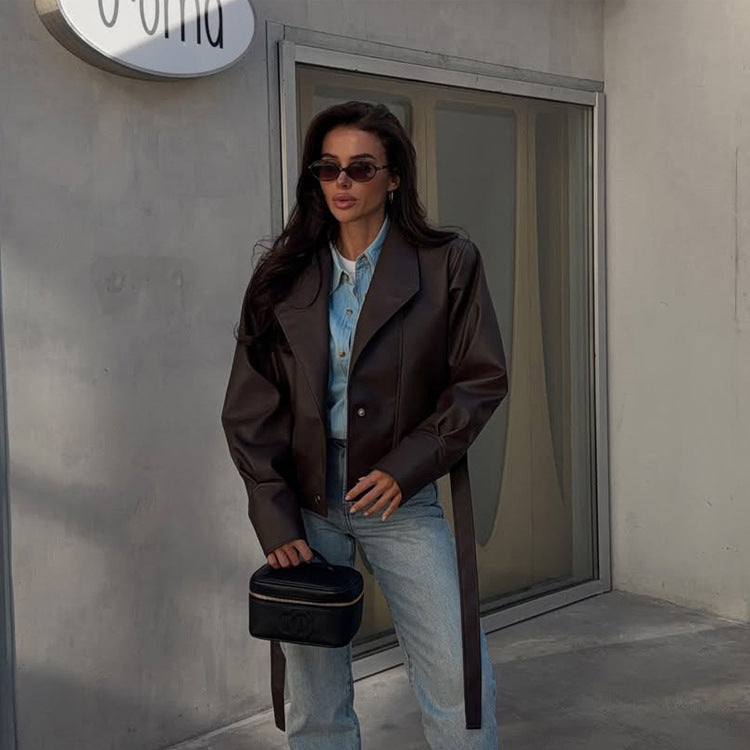 Women’s short blazer made of vegan leather with waist belt Amarae