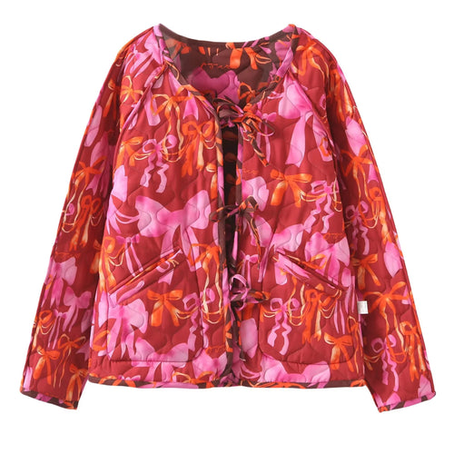 Transitional jacket for women, quilted and with a colorful bow pattern Amarae