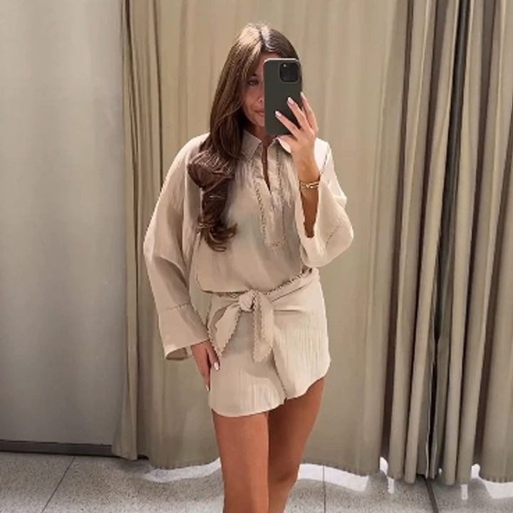 Ladies Lightweight Crinkle Two-Piece with Oversized Shirt and Wrap Mini Skirt Amarae