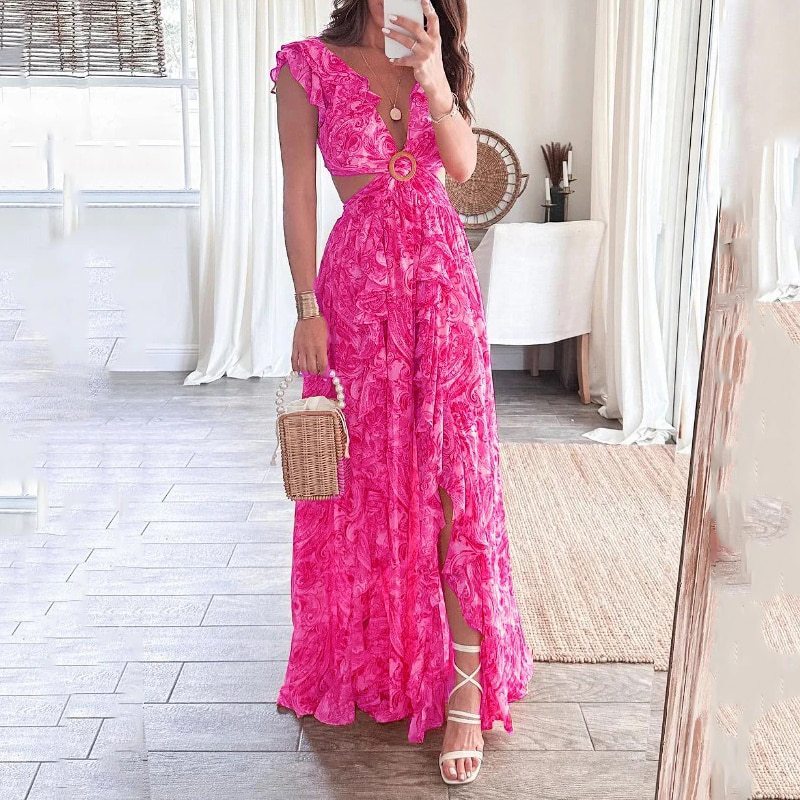 Robe maxi longue pour femmes avec design élégant à découpes et encolure à volants Chic & Stil