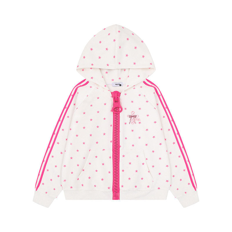 Women's hoodie sweatshirt with star all-over print, wide contrast zipper and side stripes Amarae