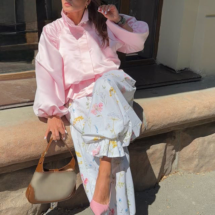 Women's satin blouse jacket with voluminous balloon sleeves, stand-up collar and fitted placket Amarae