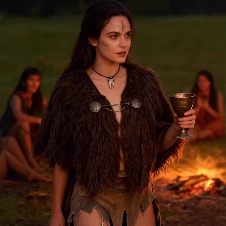 Ladies Viking-inspired Faux-Fur Cape with rustic fringe look and shoulder drape Amarae