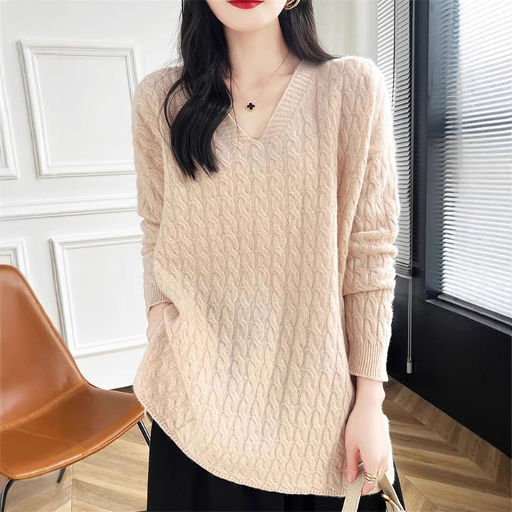 Pull épais en tricot pour femme avec deep V-neck et tissu texturé Chic & Stil