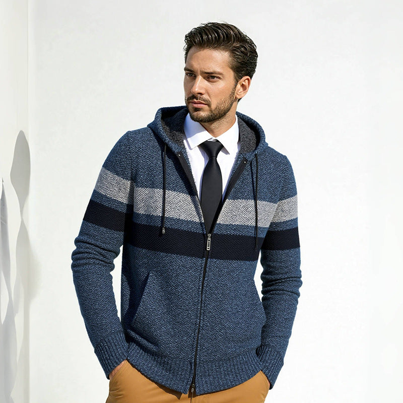 Men's trendy knit hoodie with contrasting decorative stripes and practical pockets Lune London
