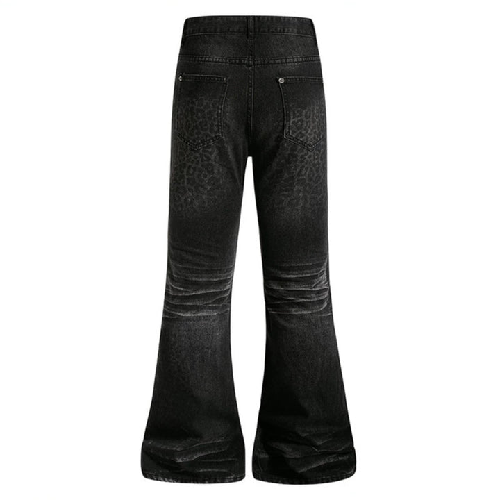Women's High-Cut Flared Jeans with Subtle Leo Print and Used Wash Amarae