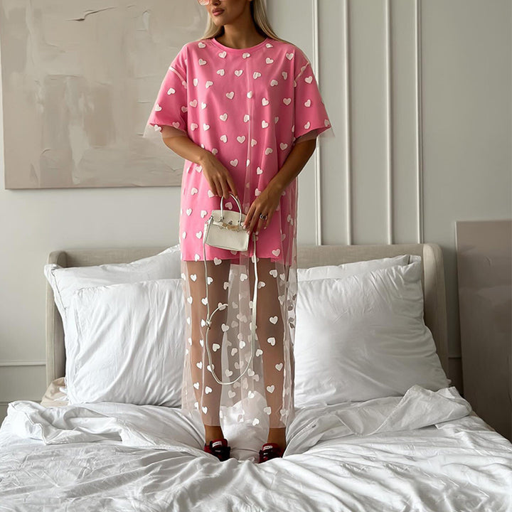 Modern tunic dress for women with heart pattern and sheer layer Lune London