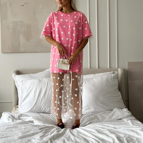 Modern tunic dress for women with heart pattern and sheer layer Amarae