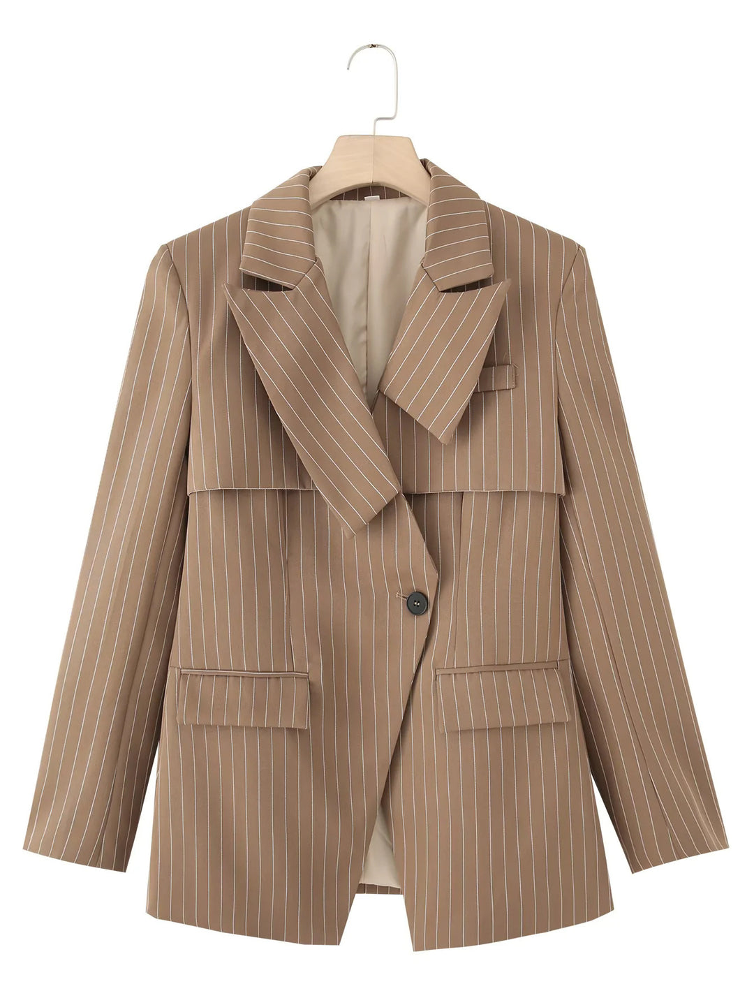 Fashion blazer jacket for women with asymmetrical collar and elegant fine stripes Lune London