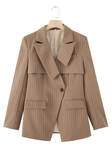 Fashion blazer jacket for women with asymmetrical collar and elegant fine stripes Amarae