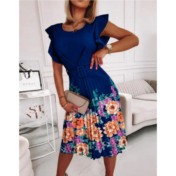 Midi dress for women with pleats and floral accents as well as a fitted belt Lune London