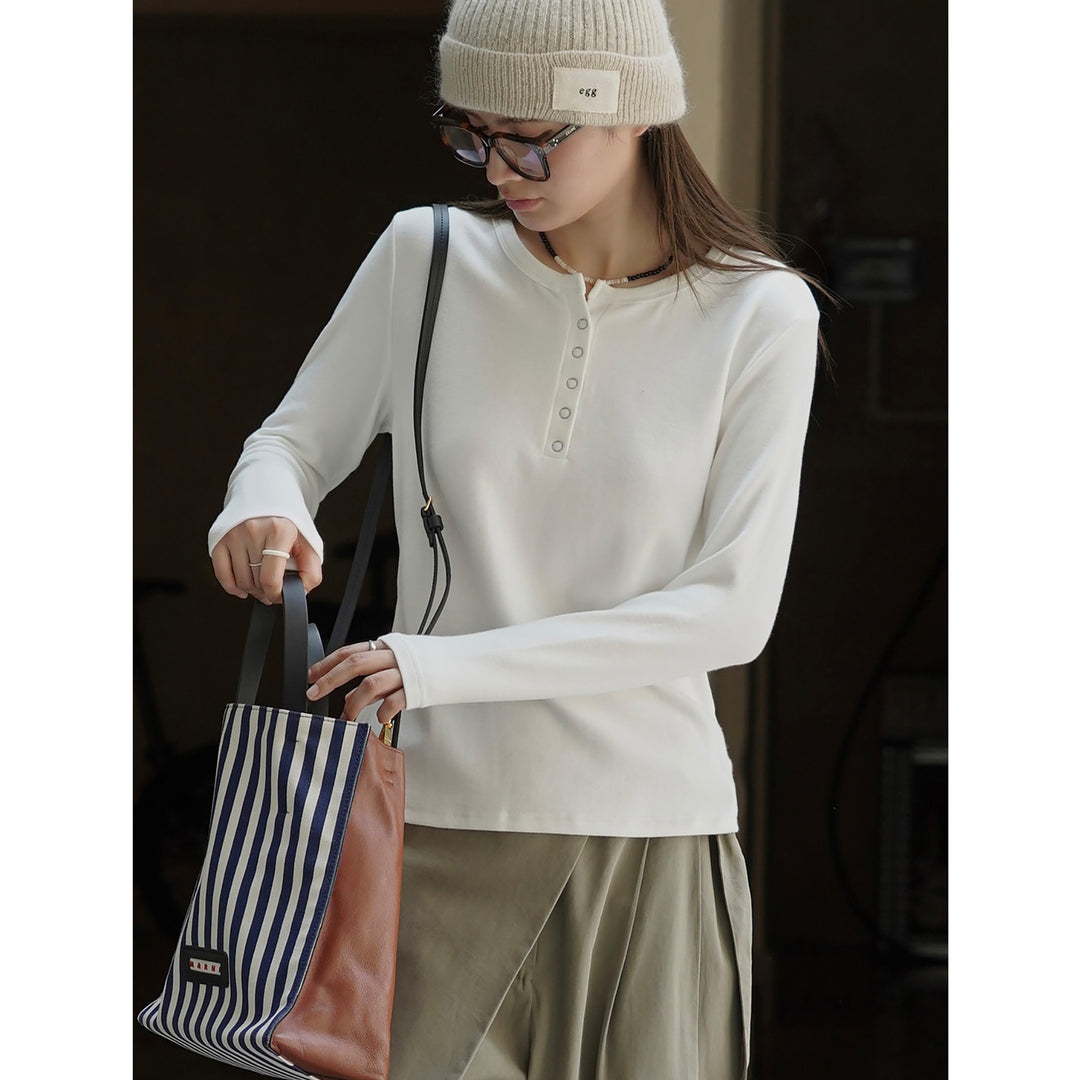 Women's Long Sleeve Henley Shirt with Snap Placket Amarae