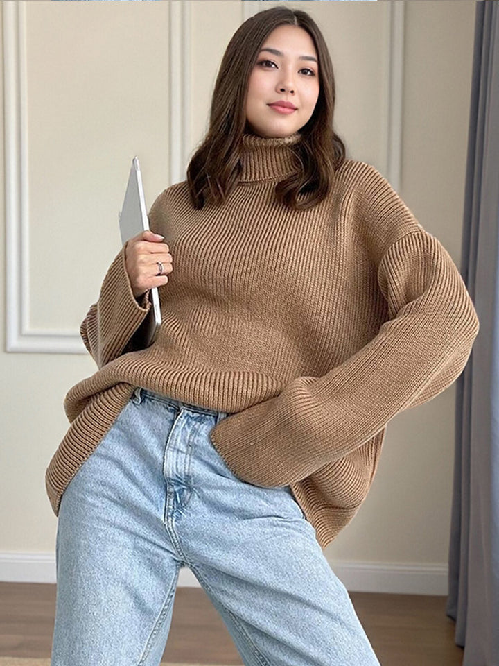 Women Oversized Ribbed Knit Turtleneck Sweater with Extended Cuff Amarae